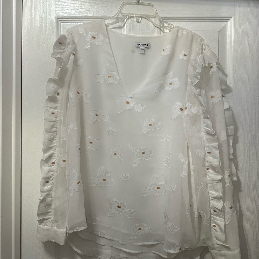 Express White Floral Blouse with Ruffle Sleeves